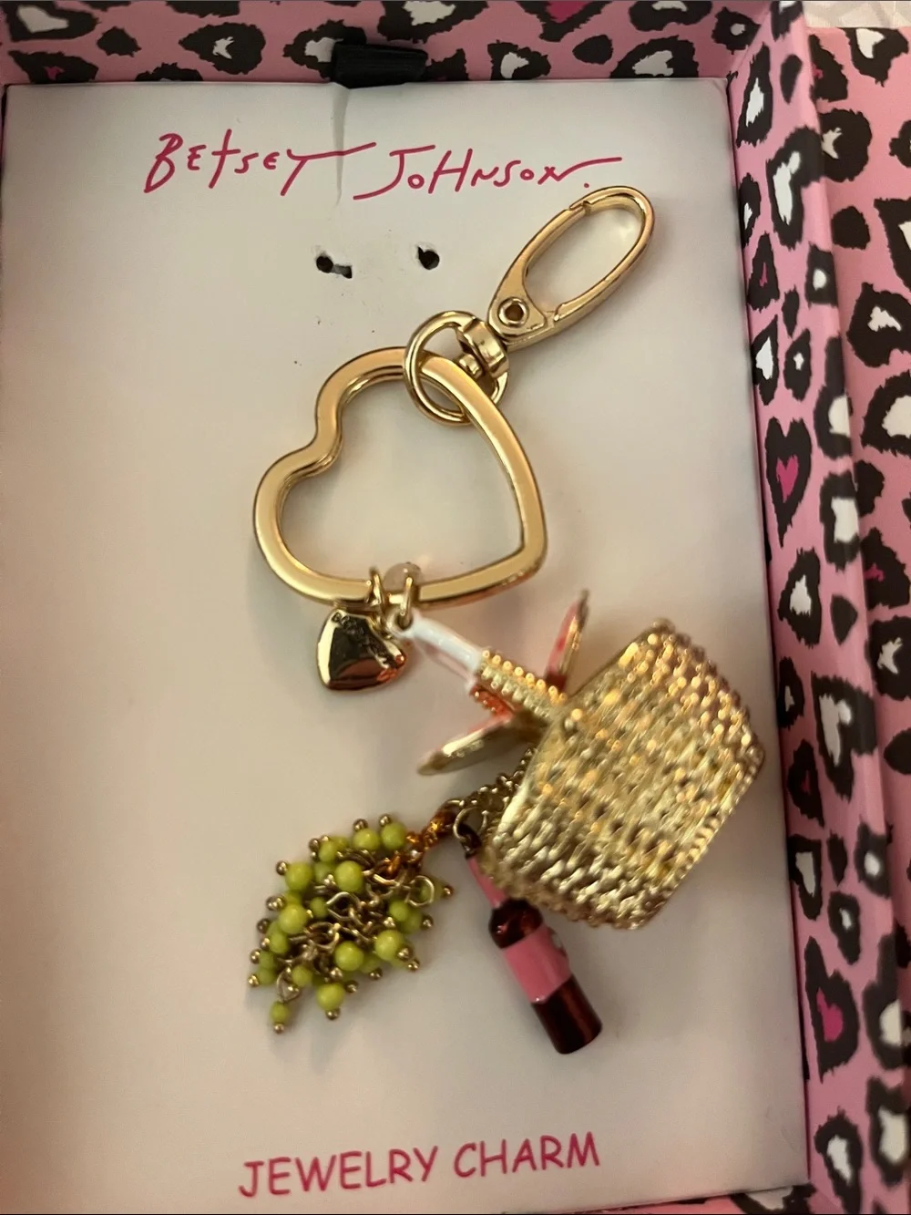 Betsey Johnson Pink Leopard Gift Boxed Picnic Basket  Bag Charm